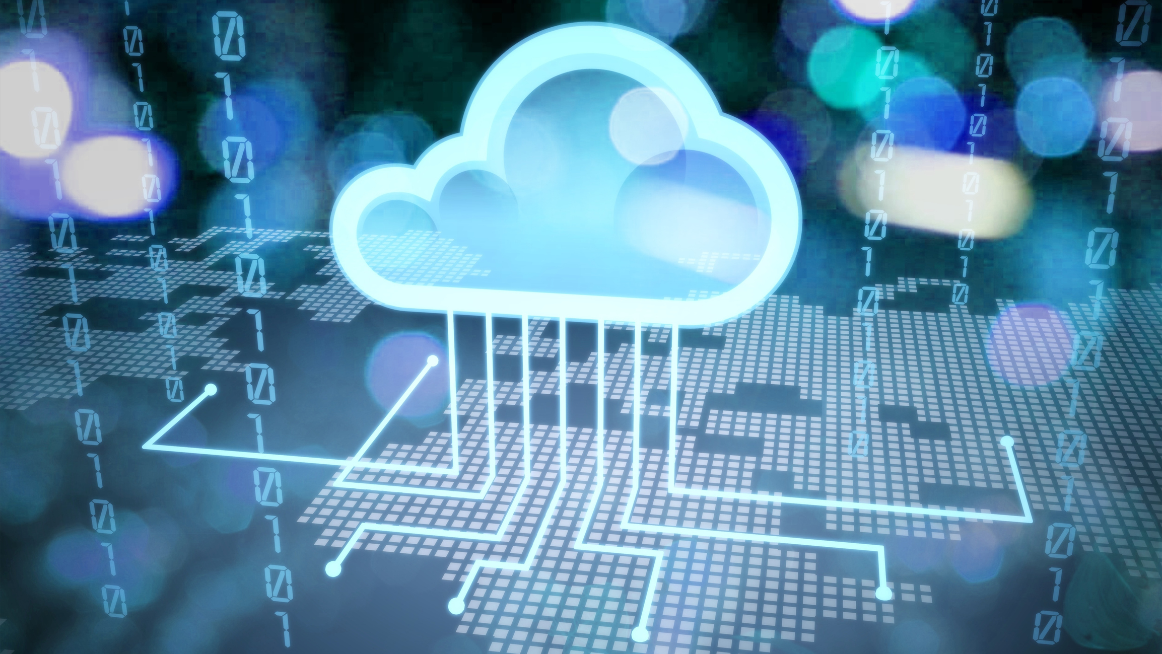  A blue cloud icon with a binary code background represents the reliability and uptime of a cloud data recovery provider.