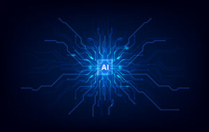 A glowing blue circuit board illustration that reads "AI" for artificial intelligence at the center. 